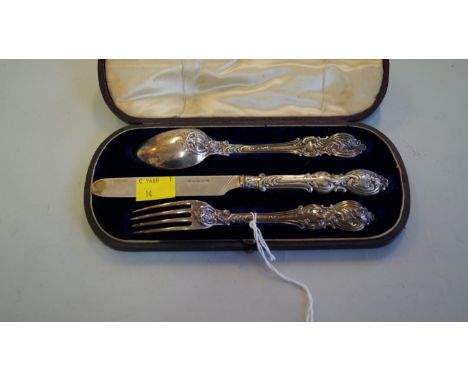 A cased Victorian silver three piece christening set, by Martin, Hall & Co., Sheffield 1855, comprising knife, fork and spoon