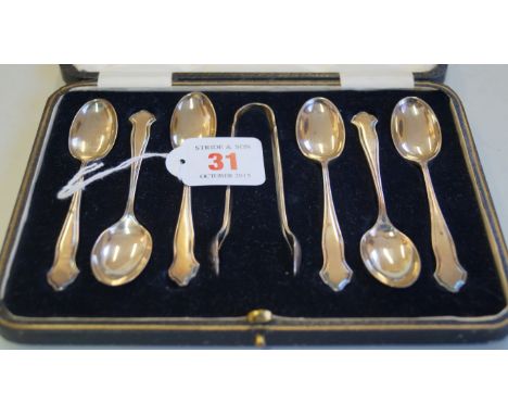 A cased set of six silver teaspoons and sugar tongs, by Cooper Brothers & Sons Ltd, Sheffield 1926, 94g; together with anothe