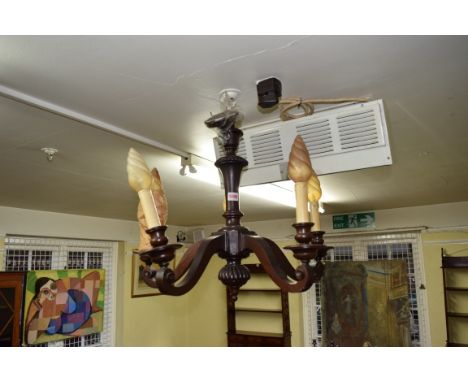 A 1920s mahogany five branch ceiling light; together with a pair of gilt painted figural wall lights. 