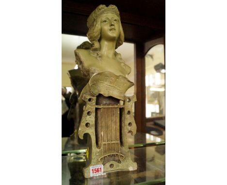 A Goldscheider green pottery bust of Lorely, 43cm high, (chips).