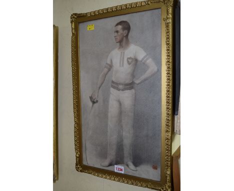 W... S..., standing portrait of Dr Francis Eaton Gordon-Watson, in fencing outfit, monogrammed and dated 1909, pencil and wat