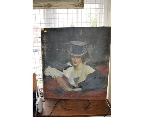 Charles M Q Orchardson, head and shoulders portrait of a lady wearing a top hat, signed, oil on canvas, 83.5 x 76cm, unframed
