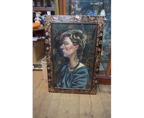 Vicky Brice, self portrait, inscribed and dated 81 verso, oil on board, 95.5 x 45cm.