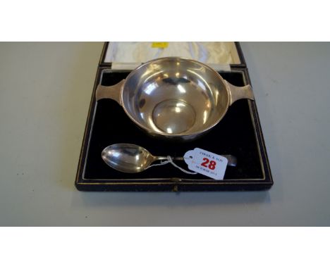 A cased silver christening bowl and spoon, by Martin Hall & Co, Sheffield 1926/7, 11cm diameter, 166g