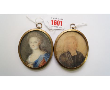 English School, late 18th century, head and shoulders portrait of a lady, watercolour, 7.1 x 6.2cm; together with another sim