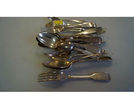 A quantity of silver fiddle pattern flatware, various makers and dates, 777g.