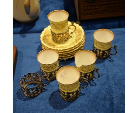 Six silver cup holders, with five Royal Worcester liners and six saucers  