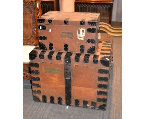 A Victorian oak and metal bound silver chest, with label for HUNT  &  ROSKELL LATE STORR S.MORTIMER, GOLD SMITH  &  SILVER SM