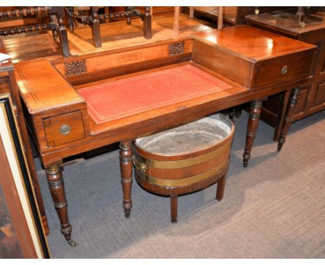 A mahogany and inlaid desk, circa 1820 and later, formerly a square piano, with remains of a poker work tablet for G. Wilkins