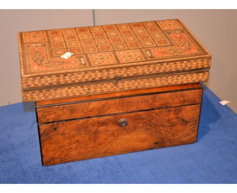 A Victorian walnut writing slope, with fitted interior, 16cm high, 35cm wide, 25cm deep, together with an Indian parquetry ch