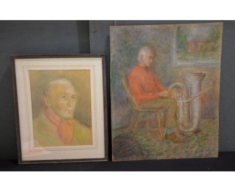 Hester McClintock (English 1913-2015) Man with a Red Scarf; Derek, Father of Jaqueline du Pres playing the tuba Pastel and ch
