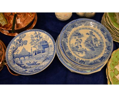 A Spode blue and white printed pearlware 'Tiber' pattern plate, printed mark, circa 1820, 25cm diameter, and nine other vario