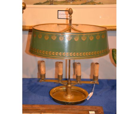 A bouilloute lamp, with toleware shade above four sconces, fitted for electricity, 52cm high 