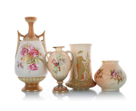 ROYAL WORCESTER, FOUR BLUSH IVORY VASES, LATE 19TH / EARLY 20TH CENTURY three hand painted with foliage, the fourth moulded i