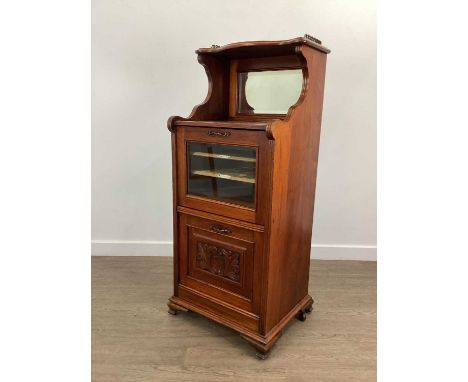 VICTORIAN MAHOGANY MUSIC CABINET, LATE 19TH CENTURY  with pierced brass three quarter gallery over a recessed mirror panel, g