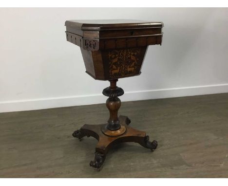 VICTORIAN ROSEWOOD SEWING TABLE, MID-19TH CENTURY the hinged rectangular top inlaid with floral marquetry and opening to reve