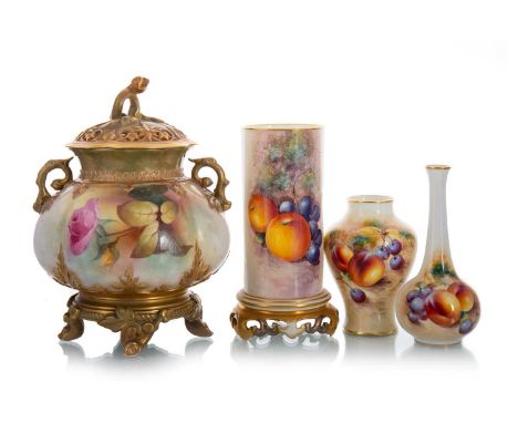 ROYAL WORCESTER POT POURRI WITH COVER, EARLY 20TH CENTURY   along with a Royal Worcester cylindrical vase painted with fruit 