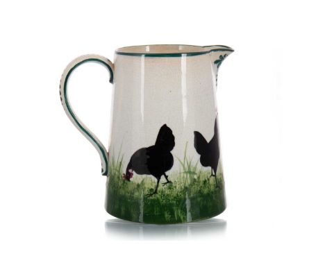 WEMYSS WARE, 'BLACK COCKEREL & HENS' PATTERN JUG, EARLY 20TH CENTURY of tapered cylindrical form, green painted borders, impr
