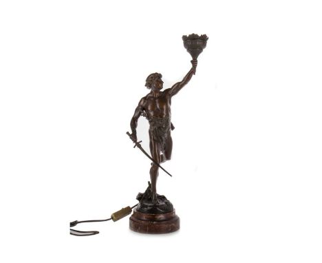 AFTER EMILE LOUIS PICAULT (FRENCH 1833-1915), 'VICTORIA' TABLE LAMP, bronzed spelter, modelled with torch form sconce aloft, 