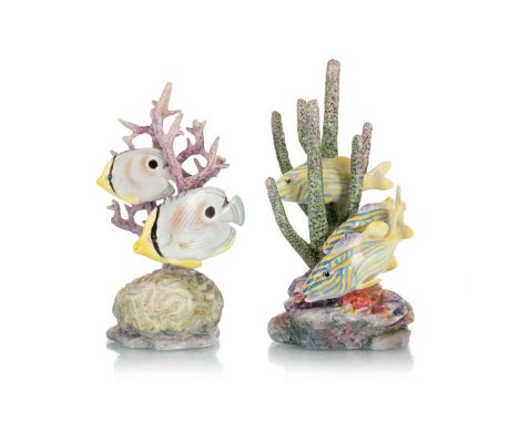 RONALD VAN RUYCKEVEL FOR ROYAL WORCESTER, TWO AQUATIC GROUPS comprising Yellow Grunt and Four Eyed Fish, each modelled swimmi
