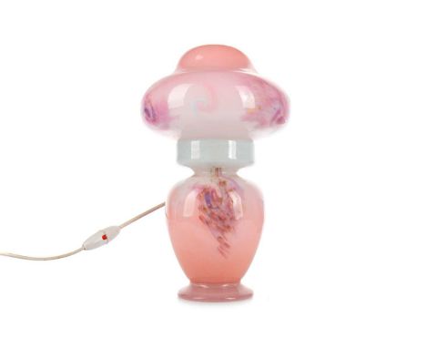 JOHN MONCRIEFF LTD., MONART GLASS MUSHROOM LAMP CIRCA 1930s in mottled peach tones with swirl decoration and aventurine inclu