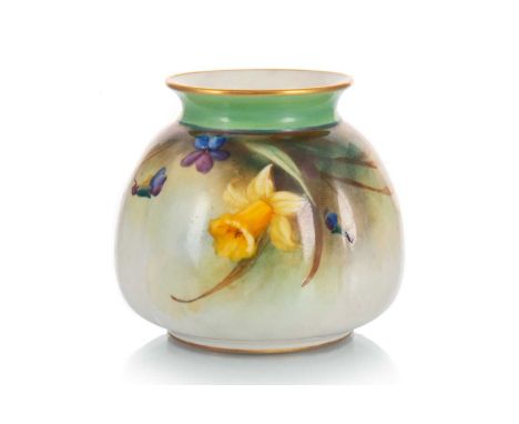 ROYAL WORCESTER,  SQUAT CIRCULAR VASE of lobed form, hand painted with daffodils and violets, green printed mark and CH to ba