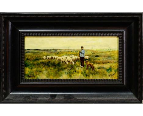 AFTER ANTON MAUVE, ROZENBURG HAND PAINTED CERAMIC TILE, LATE 19TH / EARLY 20TH CENTURY depicting a shepherd with his flock, s