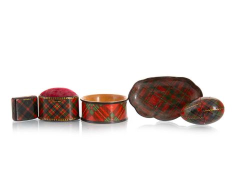 COLLECTION OF VICTORIAN TARTANWARE, comprising a Caledonian tartan stamp box, a McGregor tartan napkin ring, a McFarlane tart