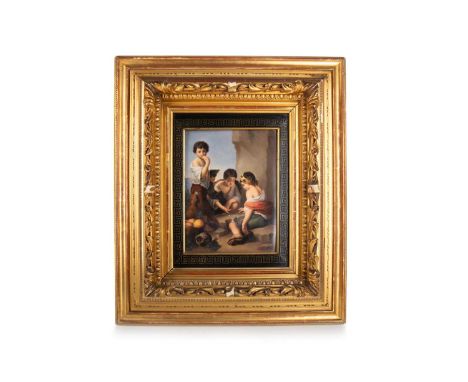 AFTER BARTOLOMÉ ESTEBÁN MURILLO (SPANISH, 1617-1682), KPM PORCELAIN PLAQUE 'YOUNG BOYS PLAYING DICE', LATE 19TH CENTURY hand 