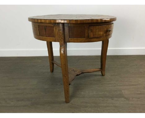 CONTINENTAL WALNUT PARQUETRY CIRCULAR TABLE, LATE 19TH / EARLY 20TH CENTURY the circular top with central 'tumbling blocks' i