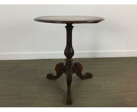 VICTORIAN WALNUT CHESS TABLE, the circular top inlaid with a chess board in boxwood and rosewood, above a baluster column, on