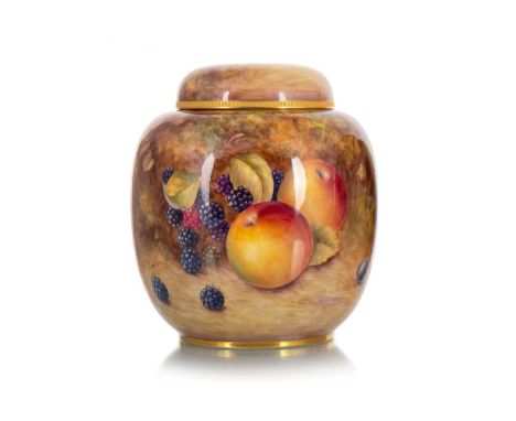 S. WESTON FOR ROYAL WORCESTER, GINGER JAR painted with fruit including peaches, grapes and blueberries amongst foliage, signe