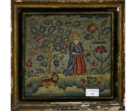 CHARLES II EMBROIDERED PANEL, LATE 17TH CENTURY depicting a finely robed lady, insects and foreground recumbent lion within a