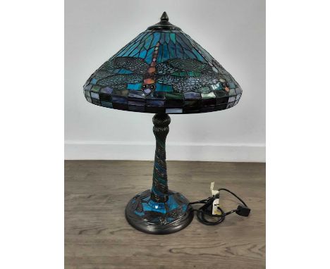 TIFFANY STYLE TABLE LAMP, CONTEMPORARY the leaded composition shade decorated with dragonflies to an azure ground, over a tap