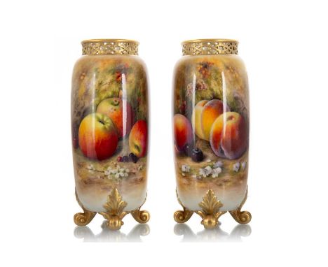 WILLIAM RICKETTS FOR ROYAL WORCESTER, PAIR OF VASES painted with fruit including peaches, apples, cherries and grapes amongst