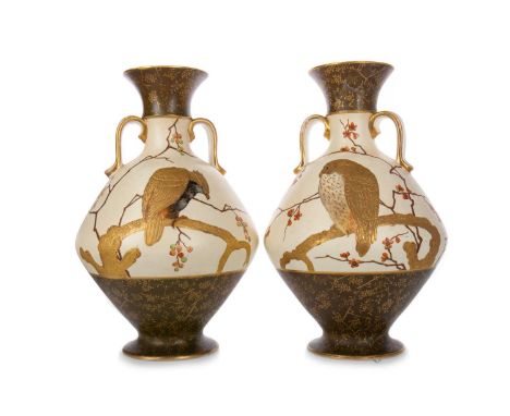 WEDGWOOD, PAIR OF AESTHETIC PERIOD VASES, LATE 19TH CENTURY each of twin handled urn form, the first painted with owl, the se