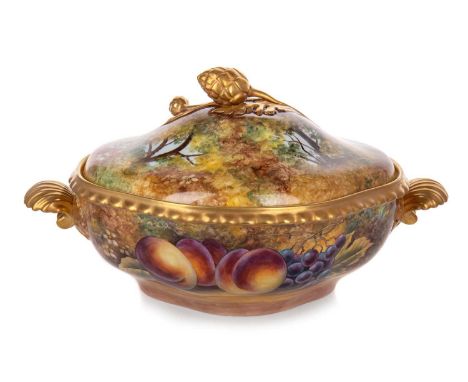 JAMES SKERRETT FOR ROYAL WORCESTER, TUREEN WITH COVER of shaped oval form, painted with fruit including peaches, grapes, appl