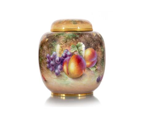M. JOHNSON FOR ROYAL WORCESTER,  GINGER JAR painted with fruit including peaches, grapes and berries amongst foliage, signed 