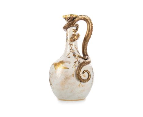 ROYAL WORCESTER AESTHETIC PERIOD JUG, LATE 19TH CENTURY of bottle form with lustrous Chilong handle, decorated with bird and 