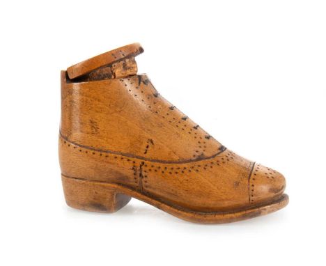 VICTORIAN NOVELTY FRUITWOOD SNUFF BOX, modelled in the form of a boot, the hinged cover engraved with bust of Robert Burns, T