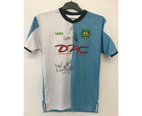 A Norwich City FC blue/white centenary Xara DPC shirt signed by players and manager.Signatures include: Nigel Worthington, Ga