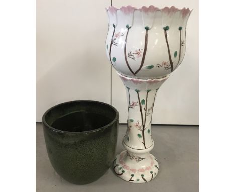 A modern heavy frost proof green glaze garden planter together with a 2 piece ceramic jardinière.In white with pink and green