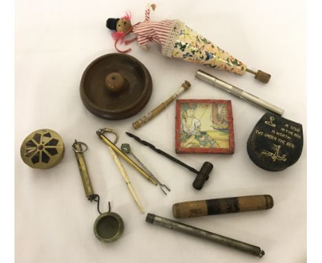 A small box of vintage misc. items.To include a cased thermometer, a wooden needle case with needles, Salter Morganite scales