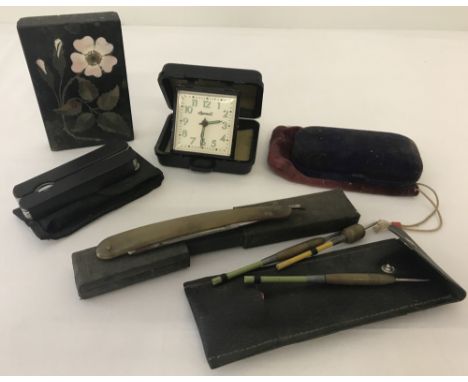 A quantity of misc. items.To include boxed cut throat razor, modern folding multi-tool and vintage slate paperweight, inlaid 