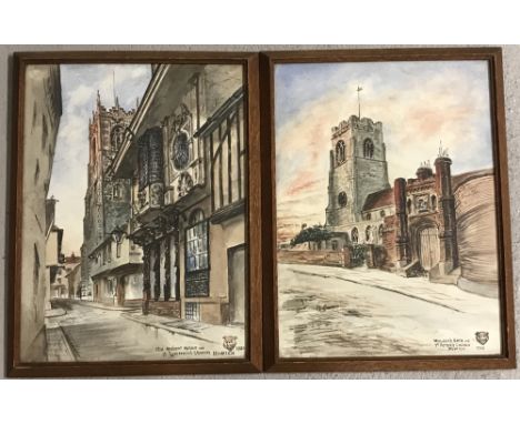 A Pair of wood framed original 1930's watercolours of Ipswich.Woldey's Gate And St Peter's Church together with the Ancient H