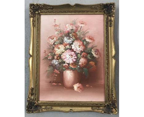 K. Stone signed oil on canvas of flowers in a vase with impasto detail, in pink tones.In decorative gilt frame.Frame size app