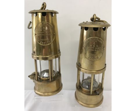 2 vintage brass miners safety lamps with name plates.The Protector Lamp &amp; Lighting Co Ltd, Eccles, Type 6. One stamped A 