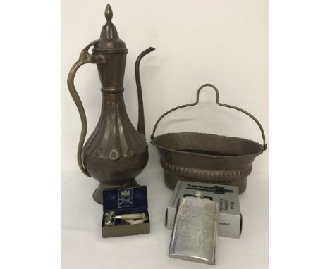 A small collection of metal ware items.Comprising: copper and brass ewer a/f, copper and brass basket, a boxed engraved with 