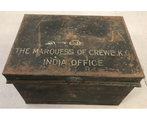 A vintage travelling tin trunk with George VI insignia to top." The Marquess Of Crewe. K.C. India Office" painted to top.