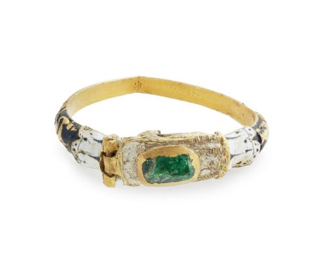 A 17th century enamel and emerald set fede ring  the enamelled hinged hand set in yellow gold with very simply cut rectangula